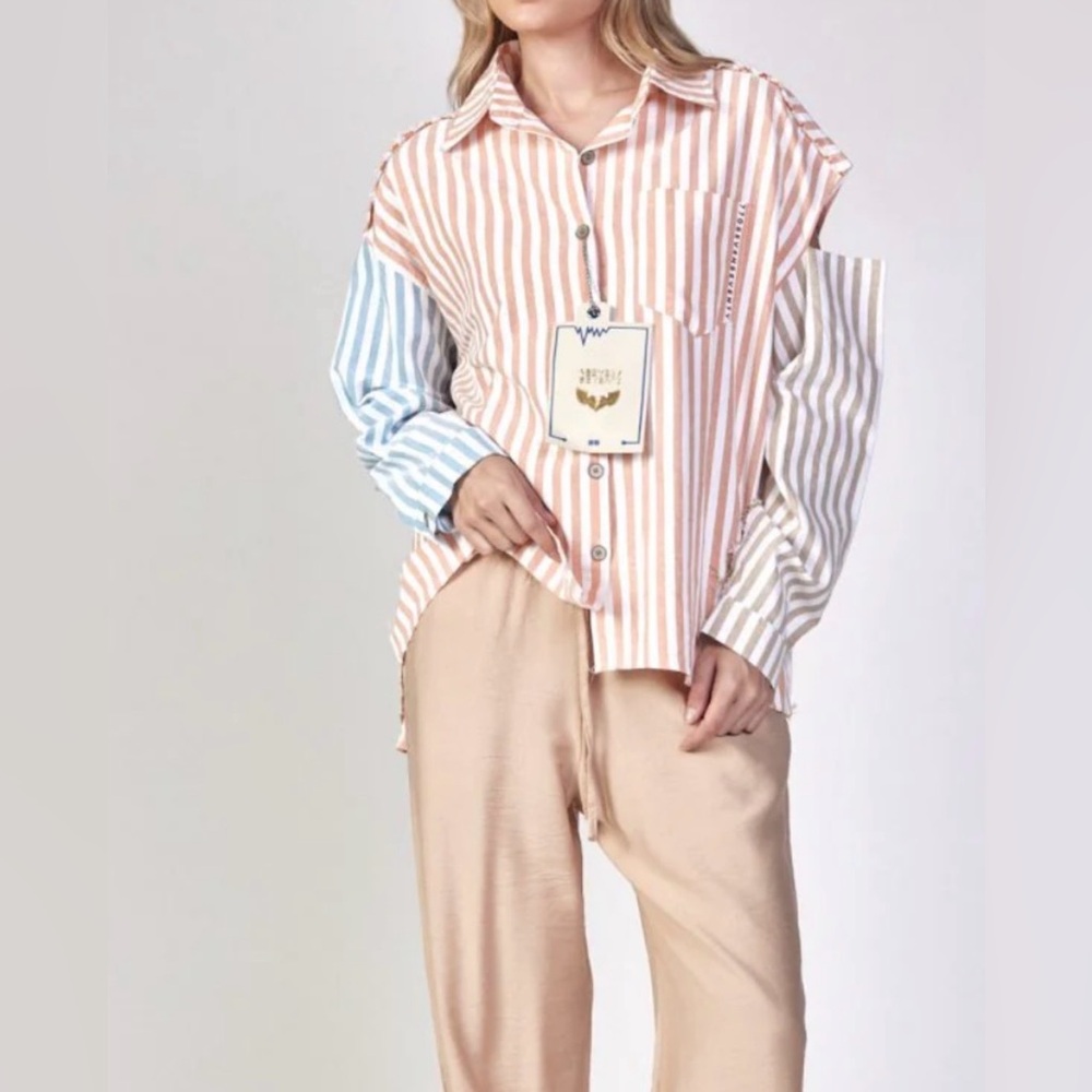 POL Orange and White Striped Button Down Shirt. Size Medium